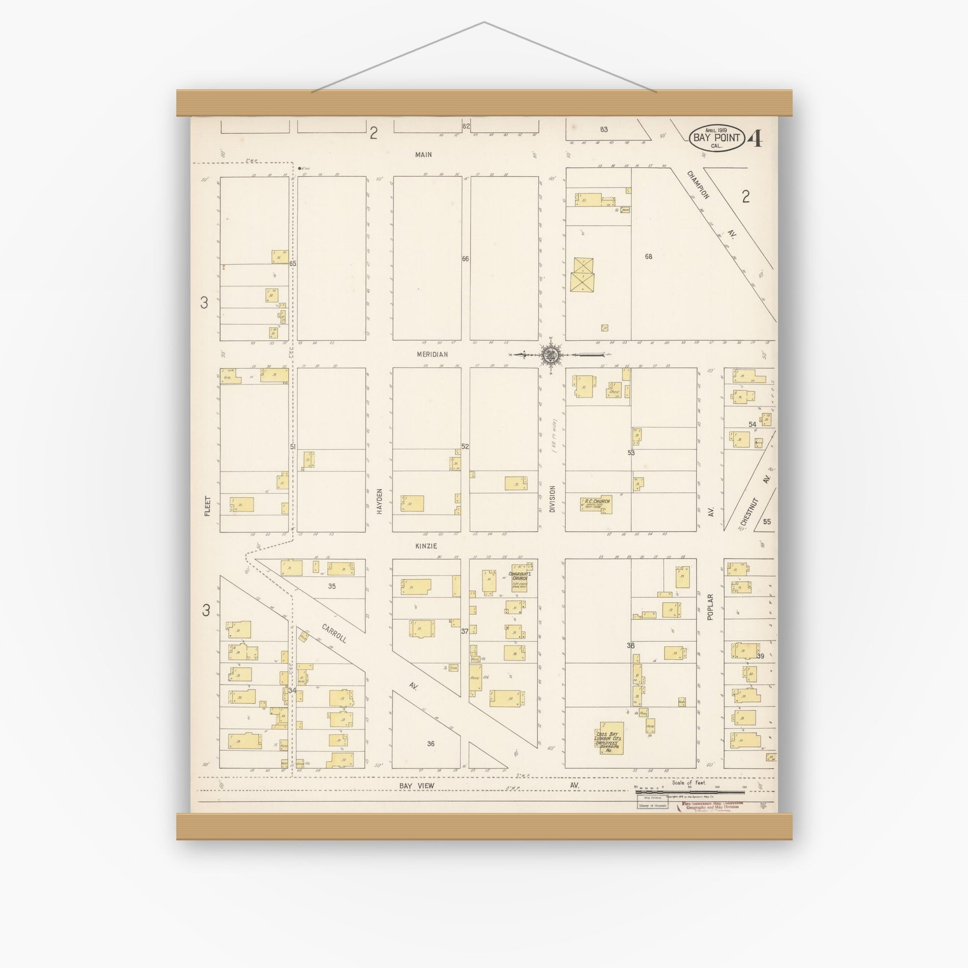 Old map wall art mockup — magnetic wood frame on white wall — Sanborn Fire Insurance Map from Bay Point, Contra Costa County, California (1919), Sheet #0004