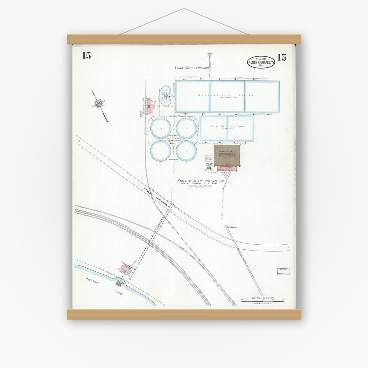 Old map wall art mockup — magnetic wood frame on white wall — Sanborn Fire Insurance Map from North Kansas City, Clay County, Missouri (1926), Sheet #0015
