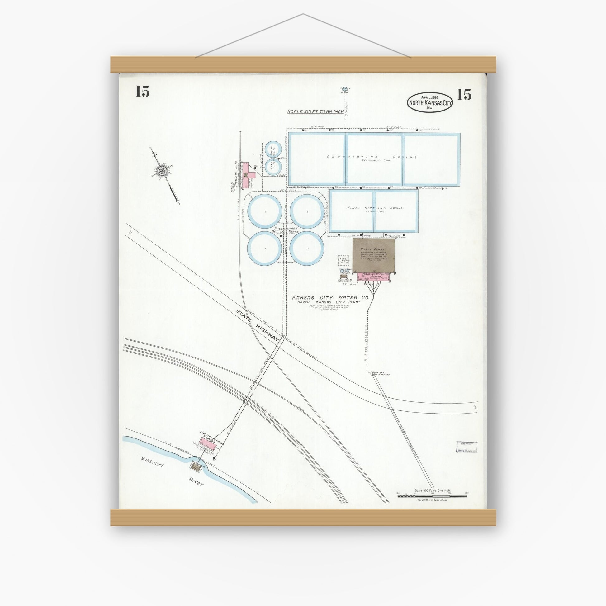 Old map wall art mockup — magnetic wood frame on white wall — Sanborn Fire Insurance Map from North Kansas City, Clay County, Missouri (1926), Sheet #0015