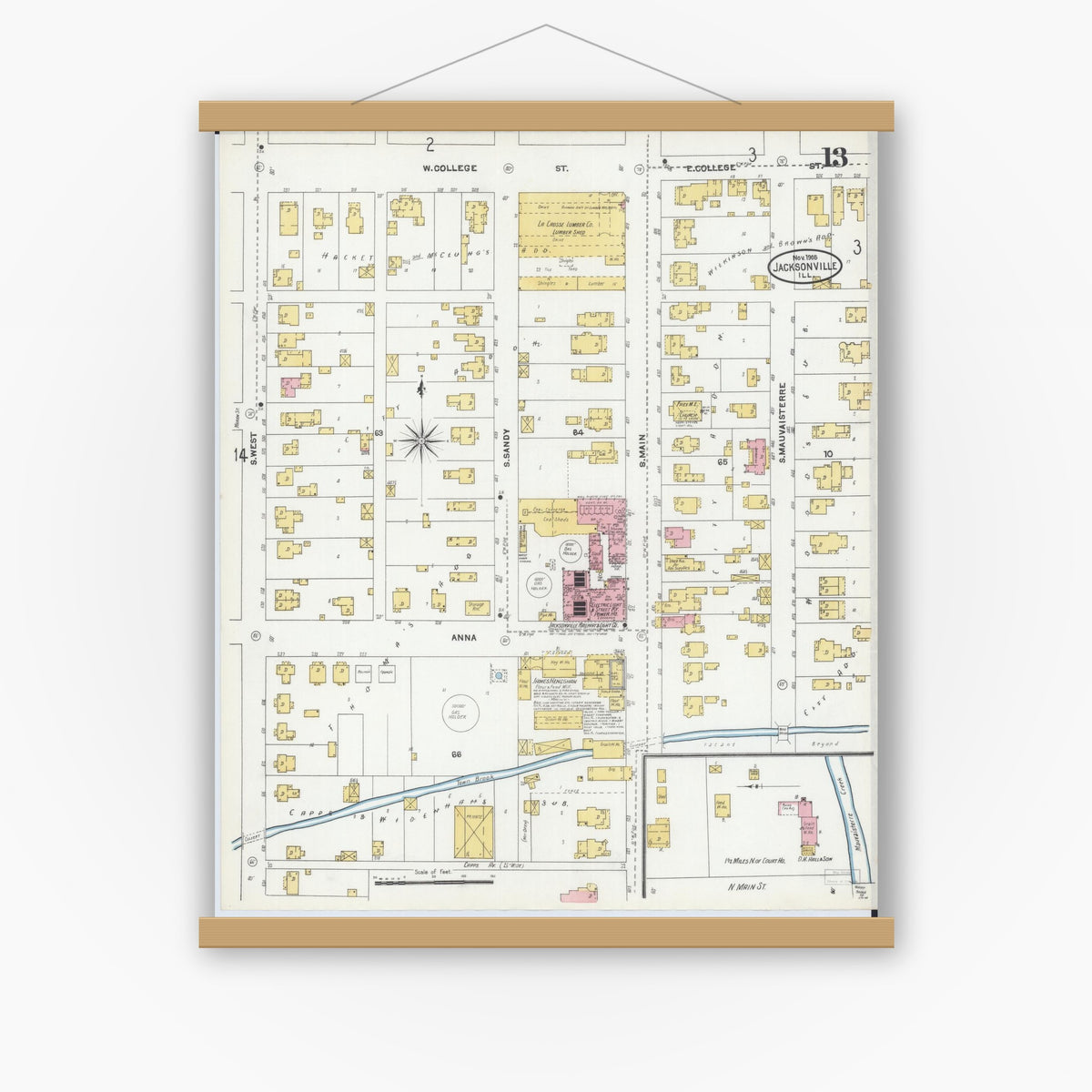 Old map wall art mockup — magnetic wood frame on white wall — Sanborn Fire Insurance Map from Jacksonville, Morgan County, Illinois (1905), Sheet #0013