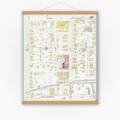 Old map wall art mockup — magnetic wood frame on white wall — Sanborn Fire Insurance Map from Jacksonville, Morgan County, Illinois (1905), Sheet #0013