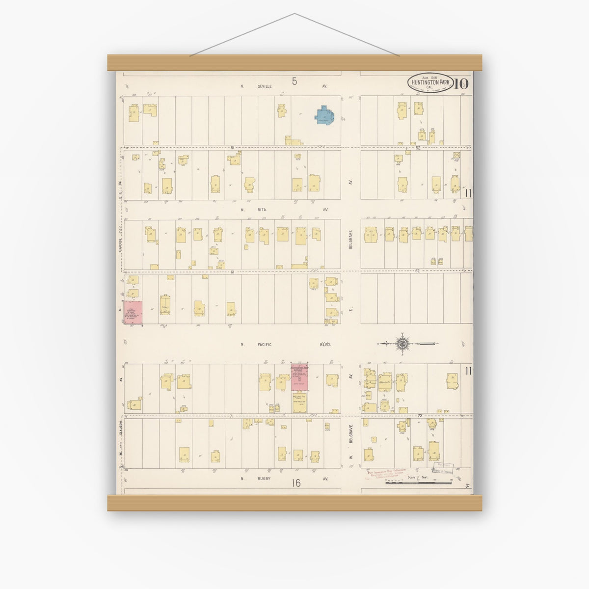 Old map wall art mockup — magnetic wood frame on white wall — Sanborn Fire Insurance Map from Huntington Park, Los Angeles County, California (1916), Sheet #0010