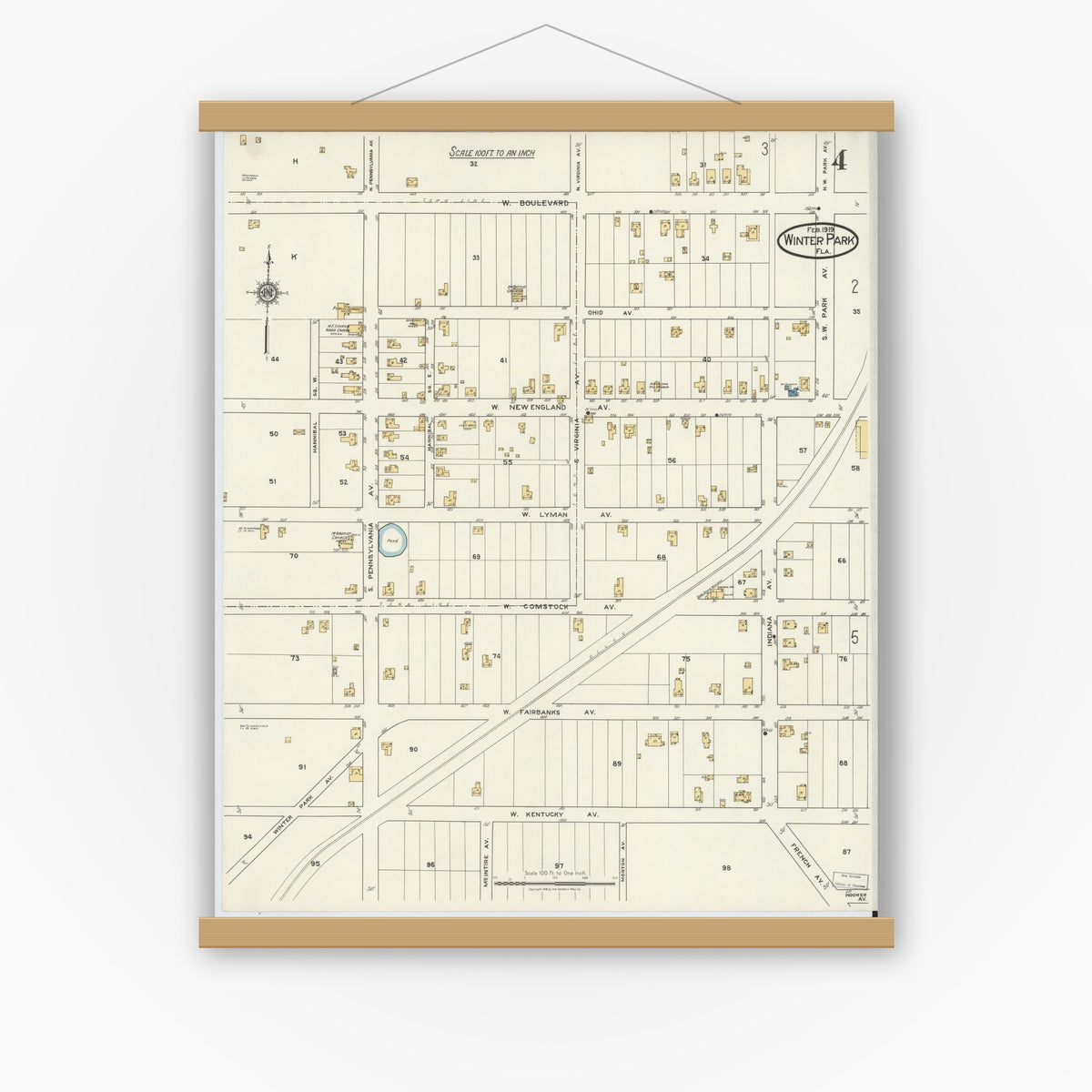 Old map wall art mockup — magnetic wood frame on white wall — Sanborn Fire Insurance Map from Winter Park, Orange County, Florida (1919), Sheet #0004
