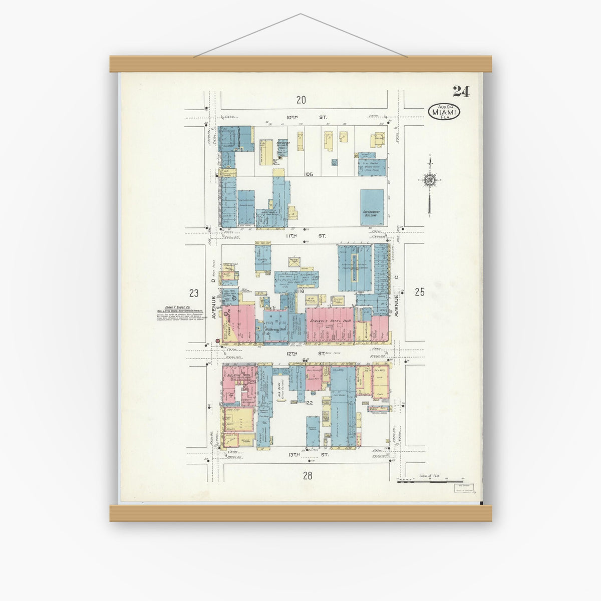 Old map wall art mockup — magnetic wood frame on white wall — Sanborn Fire Insurance Map from Miami, Dade County, Florida (1914), Sheet #0024