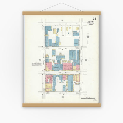 Old map wall art mockup — magnetic wood frame on white wall — Sanborn Fire Insurance Map from Miami, Dade County, Florida (1914), Sheet #0024