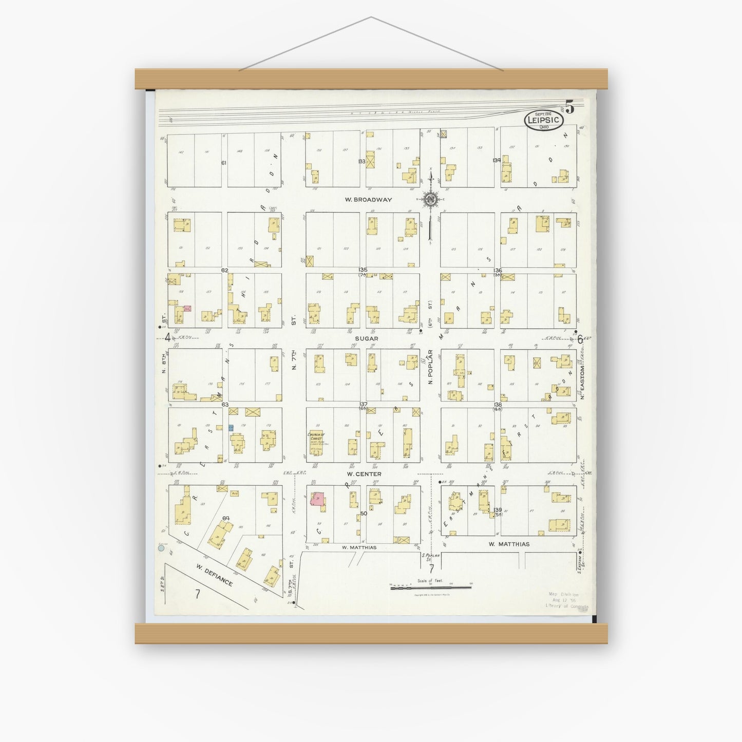 Old map wall art mockup — magnetic wood frame on white wall — Sanborn Fire Insurance Map from Leipsic, Putnam County, Ohio (1916), Sheet #0005