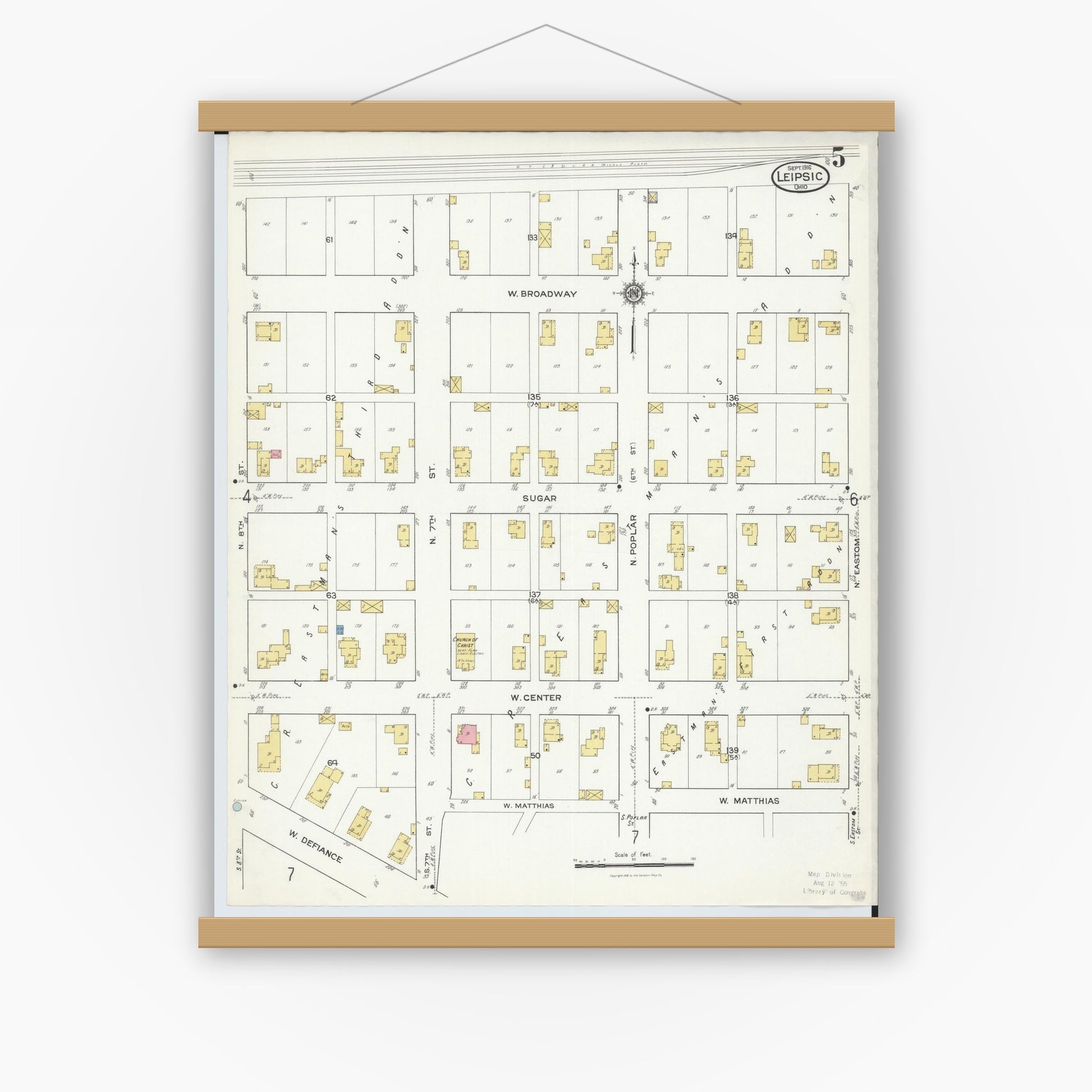 Old map wall art mockup — magnetic wood frame on white wall — Sanborn Fire Insurance Map from Leipsic, Putnam County, Ohio (1916), Sheet #0005