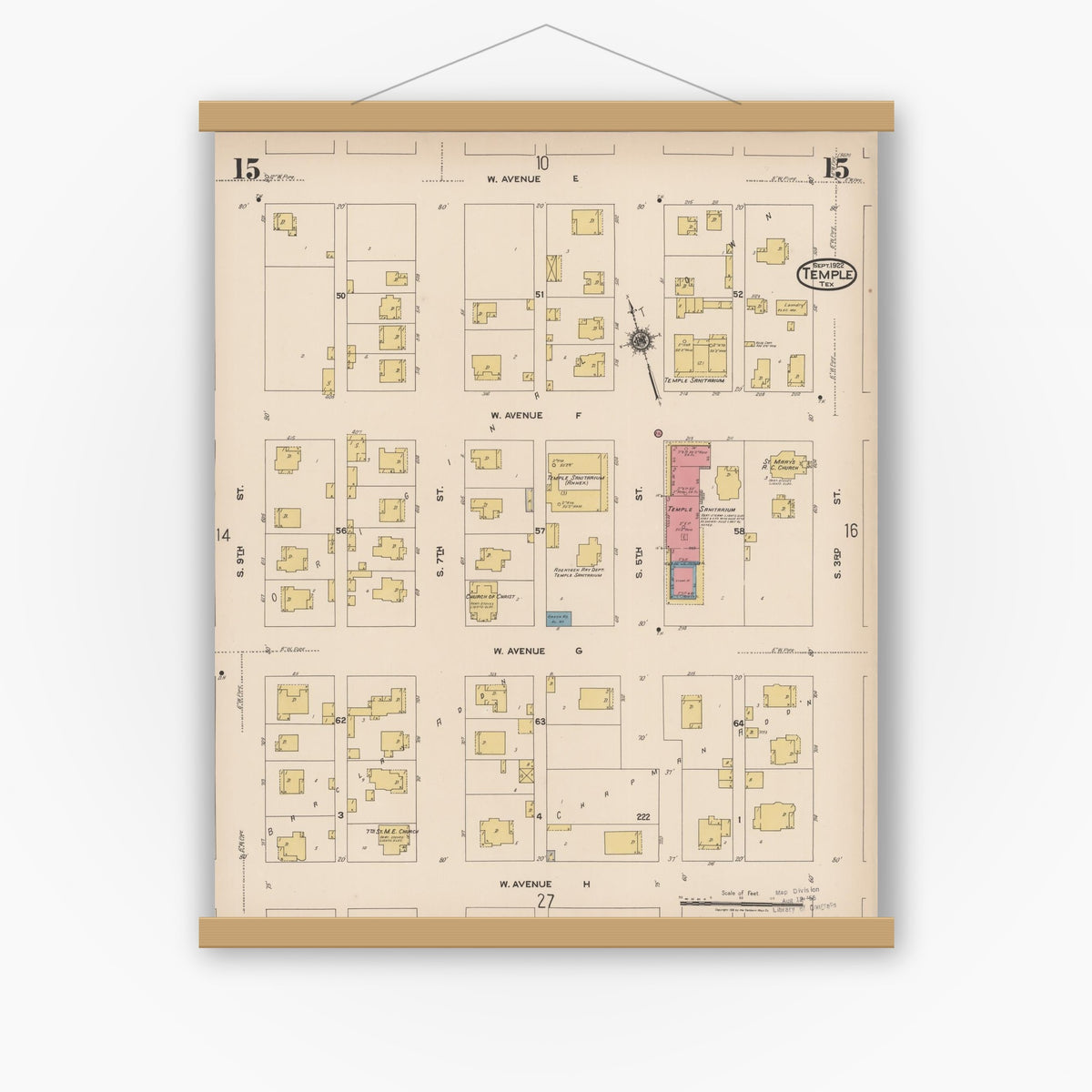 Old map wall art mockup — magnetic wood frame on white wall — Sanborn Fire Insurance Map from Temple, Bell County, Texas (1922), Sheet #0015