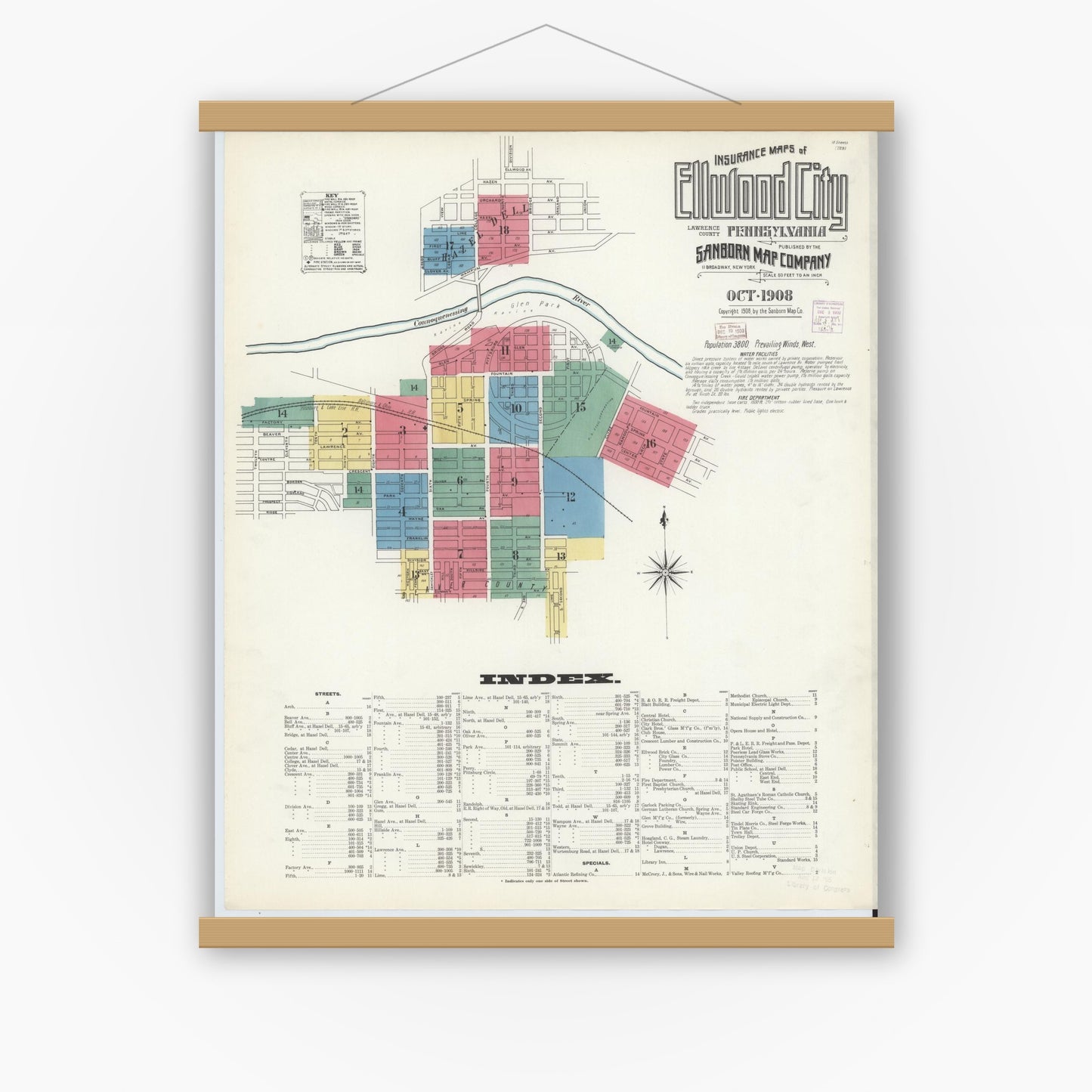 Old map wall art mockup — magnetic wood frame on white wall — Sanborn Fire Insurance Map from Ellwood City, Lawrence County, Pennsylvania (1908) - Complete Map Set