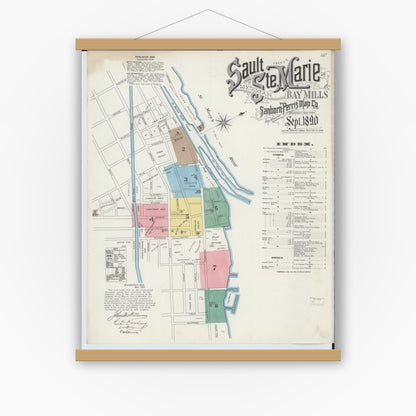 Old map wall art mockup — magnetic wood frame on white wall — Sanborn Fire Insurance Map from Sault Sainte Marie, Chippewa County, Michigan (1890) - Complete Map Set