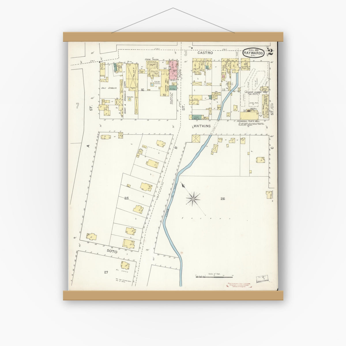 Old map wall art mockup — magnetic wood frame on white wall — Sanborn Fire Insurance Map from Hayward, Alameda County, California (1893), Sheet #0002