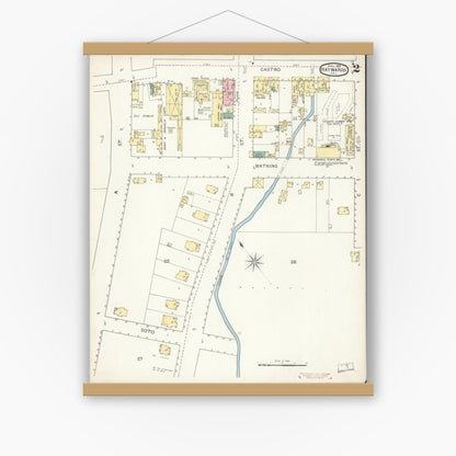 Old map wall art mockup — magnetic wood frame on white wall — Sanborn Fire Insurance Map from Hayward, Alameda County, California (1893), Sheet #0002