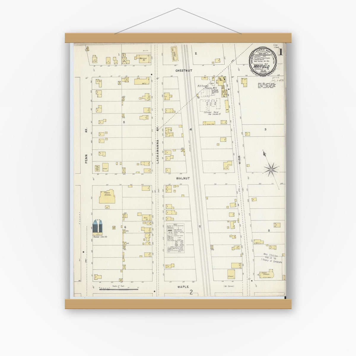 Old map wall art mockup — magnetic wood frame on white wall — Sanborn Fire Insurance Map from Mayfield, Lackawanna County, Pennsylvania (1896), Sheet #0001