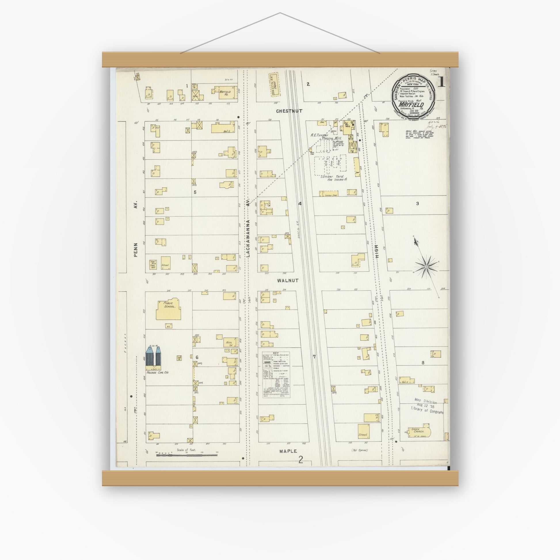 Old map wall art mockup — magnetic wood frame on white wall — Sanborn Fire Insurance Map from Mayfield, Lackawanna County, Pennsylvania (1896), Sheet #0001
