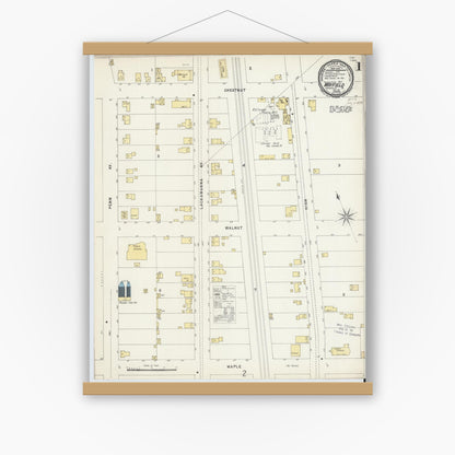 Old map wall art mockup — magnetic wood frame on white wall — Sanborn Fire Insurance Map from Mayfield, Lackawanna County, Pennsylvania (1896), Sheet #0001