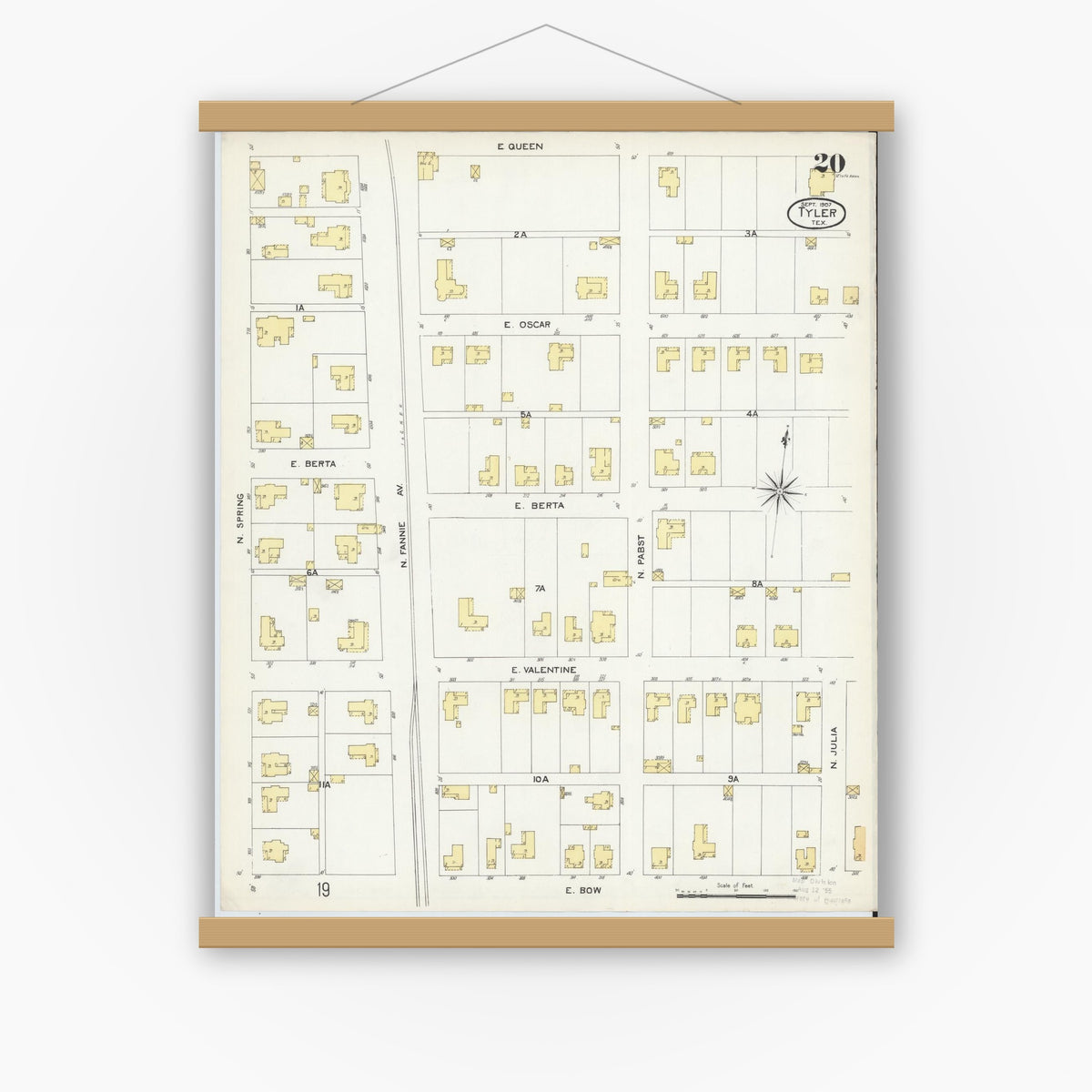 Old map wall art mockup — magnetic wood frame on white wall — Sanborn Fire Insurance Map from Tyler, Smith County, Texas (1907), Sheet #0020