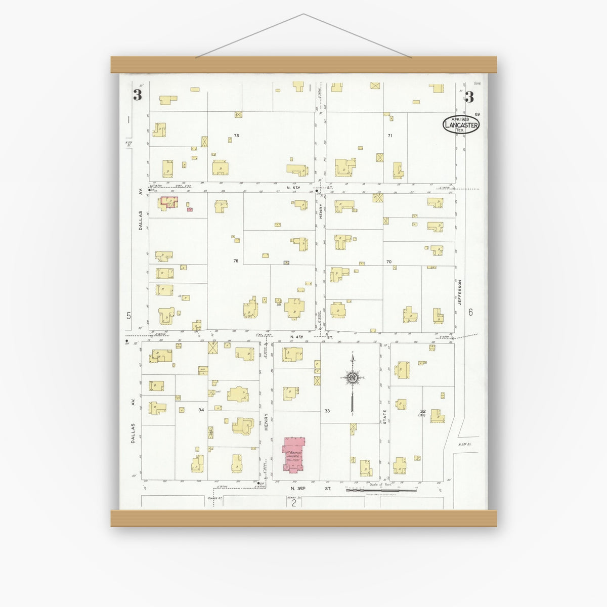 Old map wall art mockup — magnetic wood frame on white wall — Sanborn Fire Insurance Map from Lancaster, Dallas County, Texas (1928), Sheet #0003