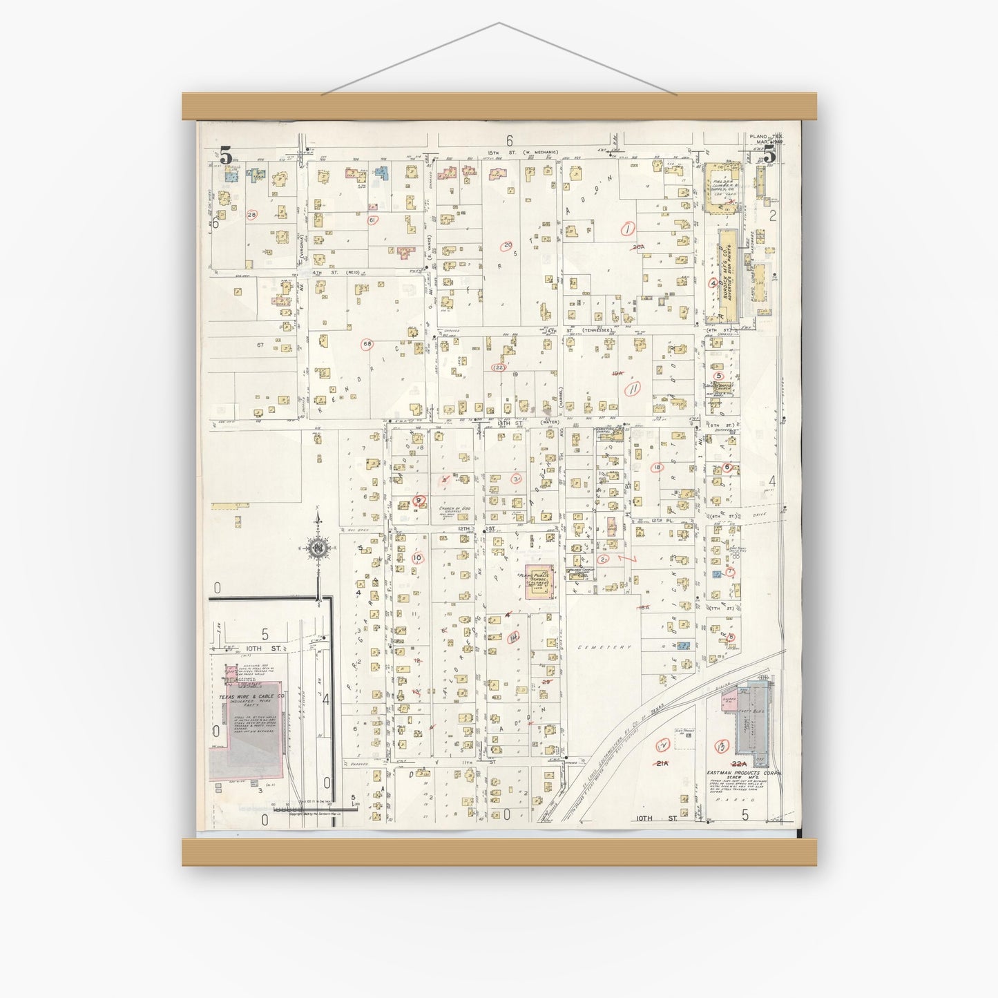 Old map wall art mockup — magnetic wood frame on white wall — Sanborn Fire Insurance Map from Plano, Collin County, Texas (1961), Sheet #0005