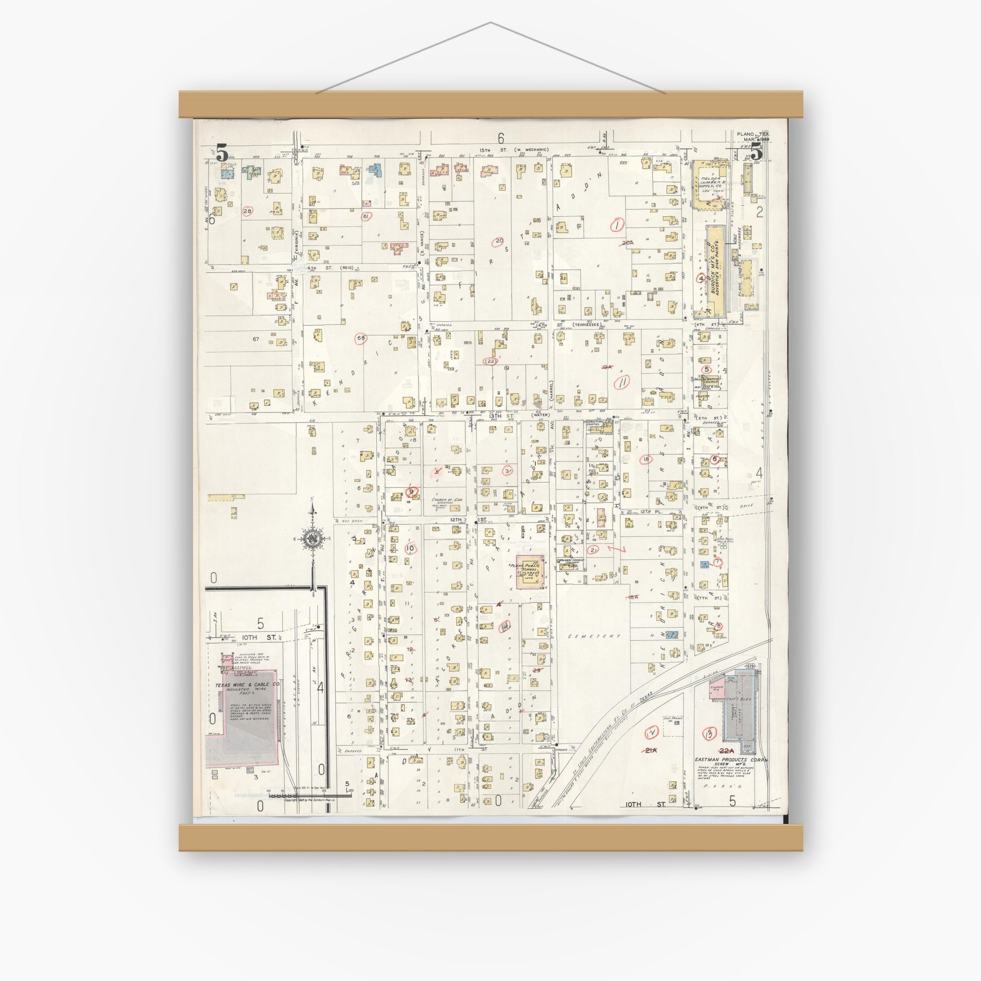Old map wall art mockup — magnetic wood frame on white wall — Sanborn Fire Insurance Map from Plano, Collin County, Texas (1961), Sheet #0005