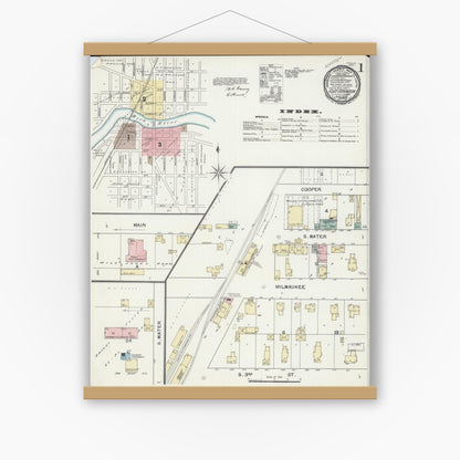 Old map wall art mockup — magnetic wood frame on white wall — Sanborn Fire Insurance Map from Fort Atkinson, Jefferson County, Wisconsin (1892), Sheet #0001