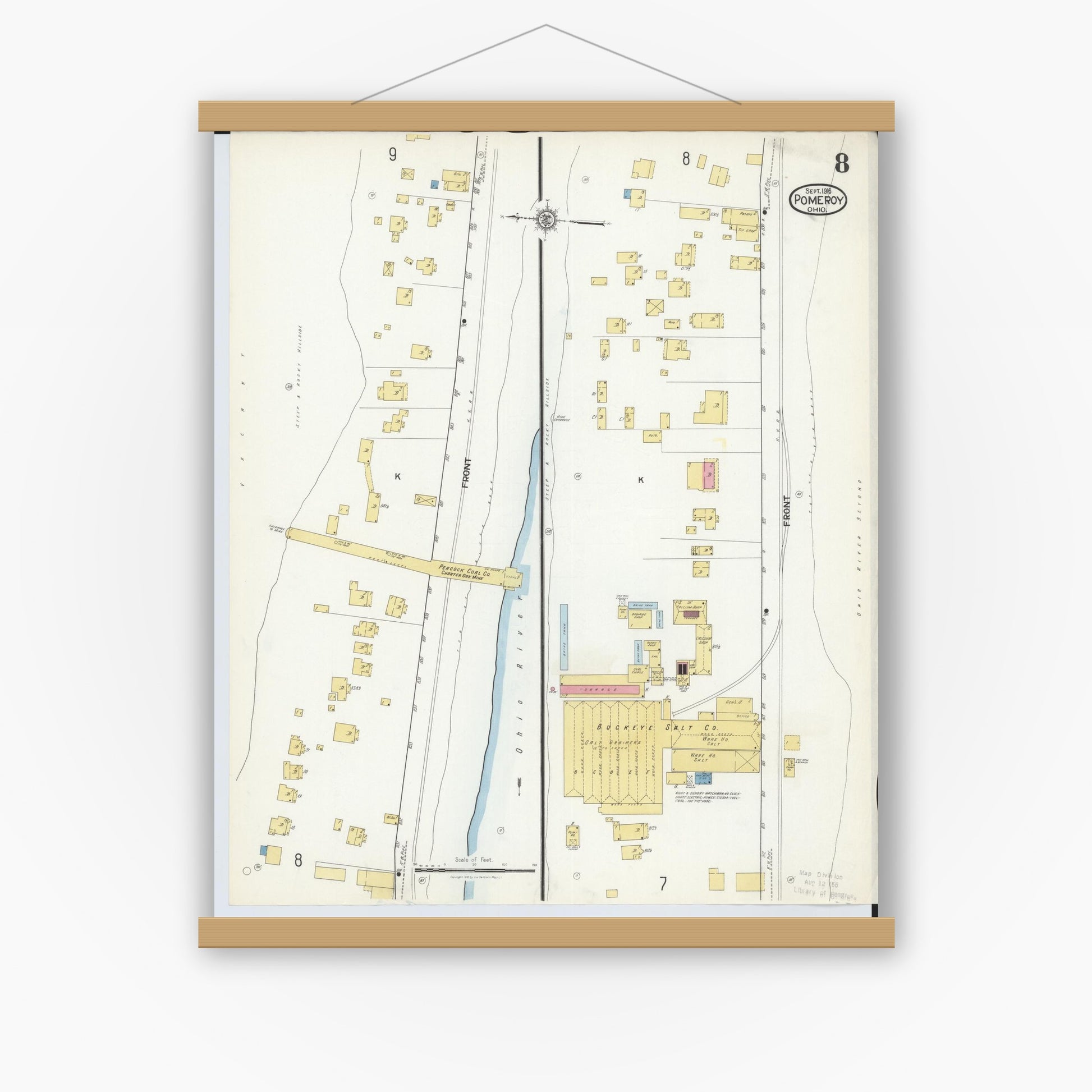 Old map wall art mockup — magnetic wood frame on white wall — Sanborn Fire Insurance Map from Pomeroy, Meigs County, Ohio (1916), Sheet #0008