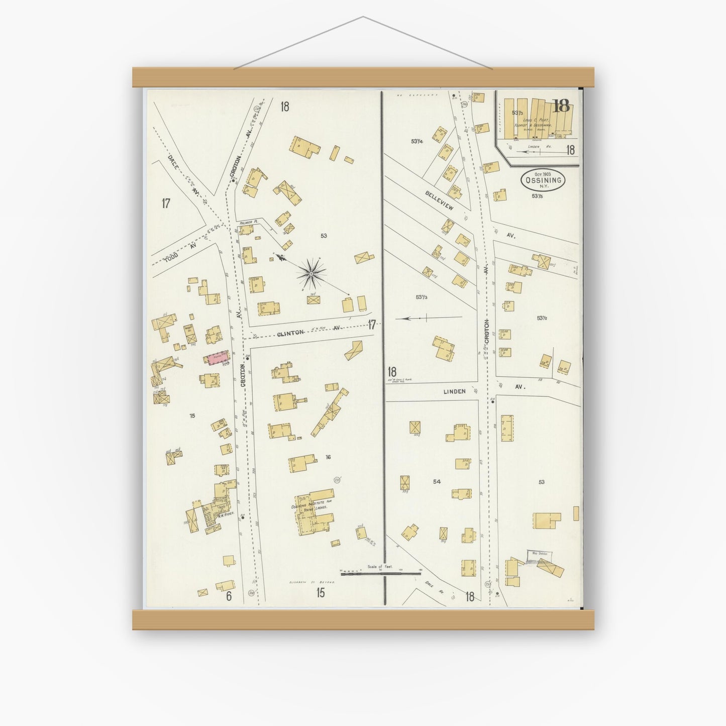 Old map wall art mockup — magnetic wood frame on white wall — Sanborn Fire Insurance Map from Ossining, Westchester County, New York (1903), Sheet #0018