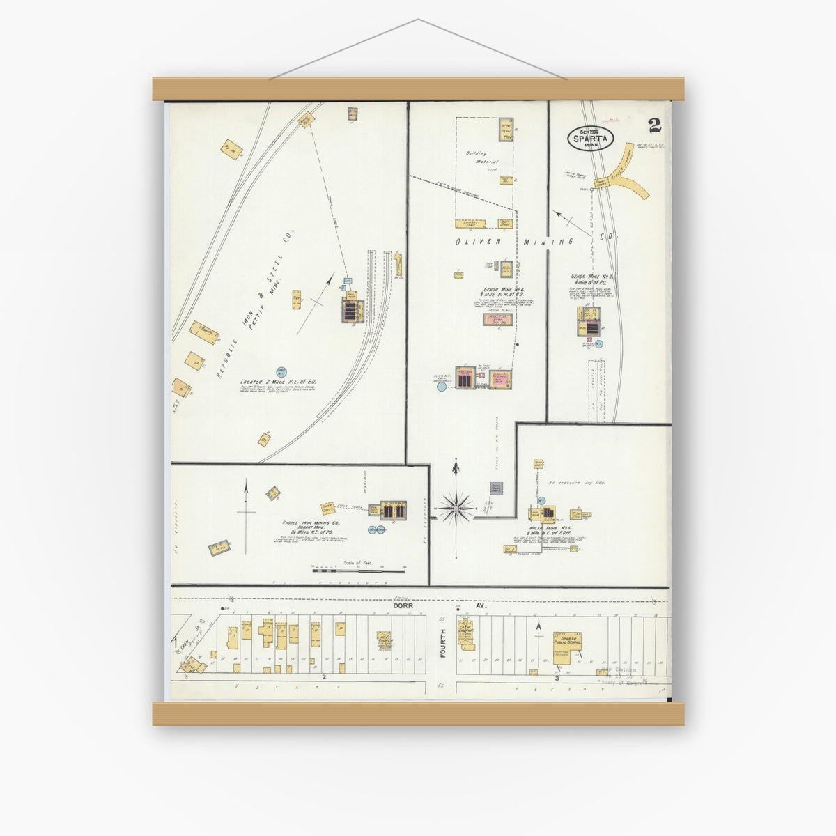 Old map wall art mockup — magnetic wood frame on white wall — Sanborn Fire Insurance Map from Sparta, Saint Louis County, Minnesota (1906), Sheet #0002