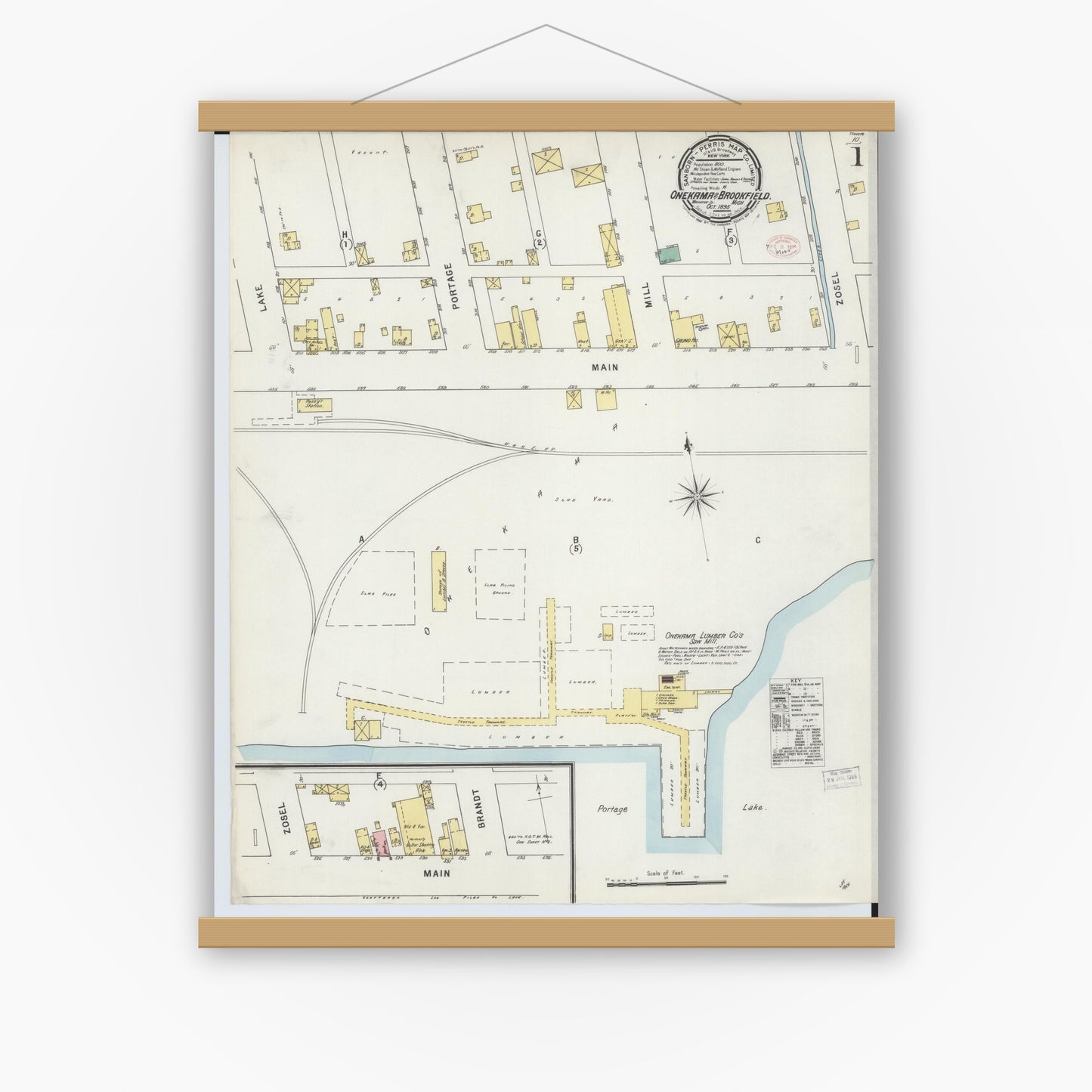Old map wall art mockup — magnetic wood frame on white wall — Sanborn Fire Insurance Map from Onekama, Manistee County, Michigan (1895) - Complete Map Set