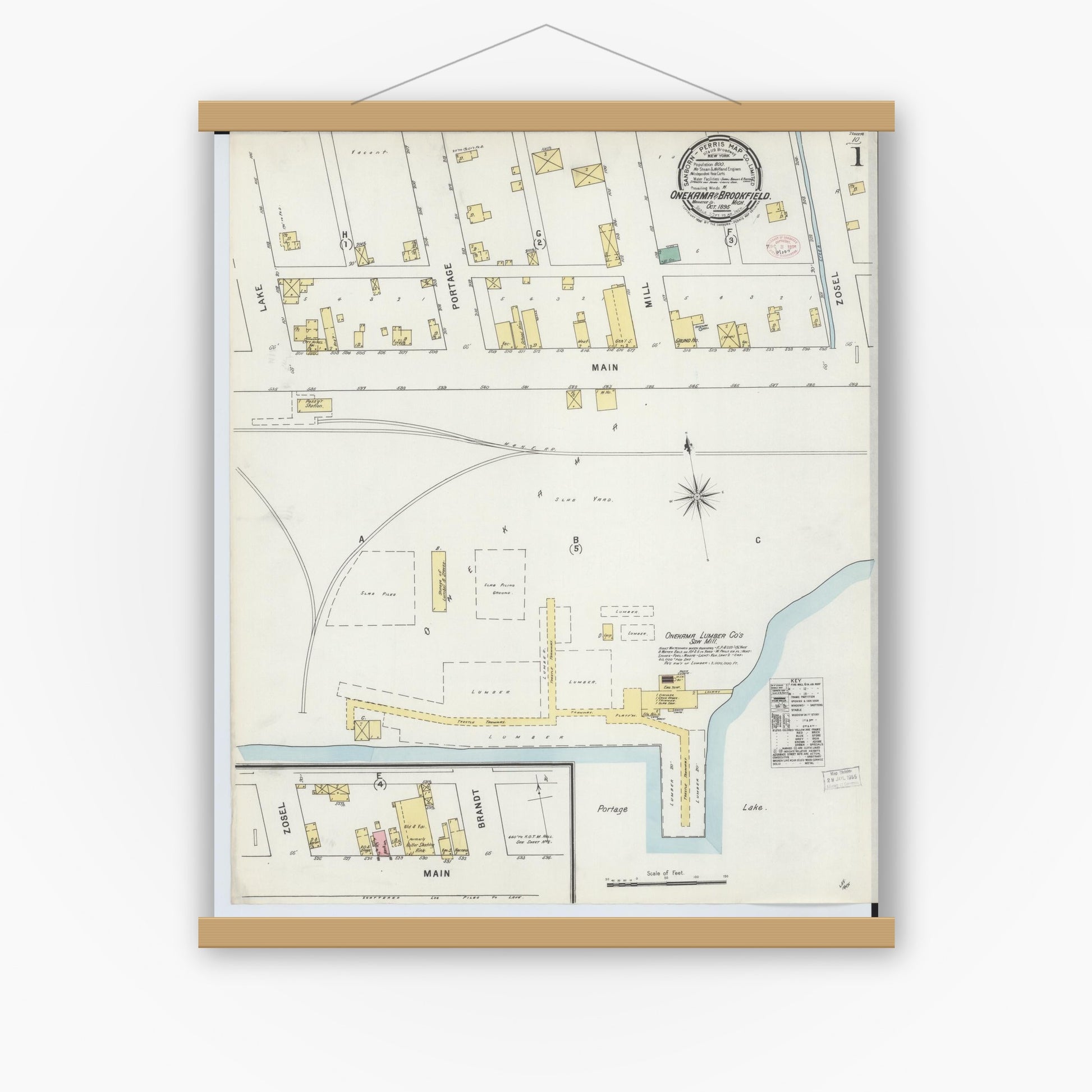 Old map wall art mockup — magnetic wood frame on white wall — Sanborn Fire Insurance Map from Onekama, Manistee County, Michigan (1895) - Complete Map Set