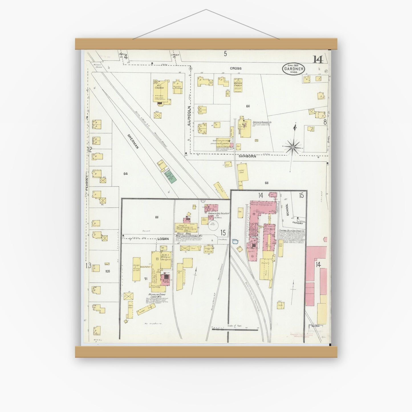 Old map wall art mockup — magnetic wood frame on white wall — Sanborn Fire Insurance Map from Gardner, Worcester County, Massachusetts (1905), Sheet #0014