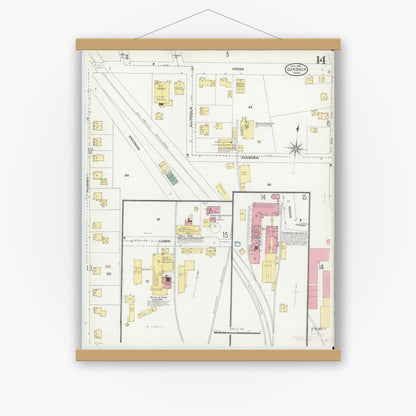 Old map wall art mockup — magnetic wood frame on white wall — Sanborn Fire Insurance Map from Gardner, Worcester County, Massachusetts (1905), Sheet #0014