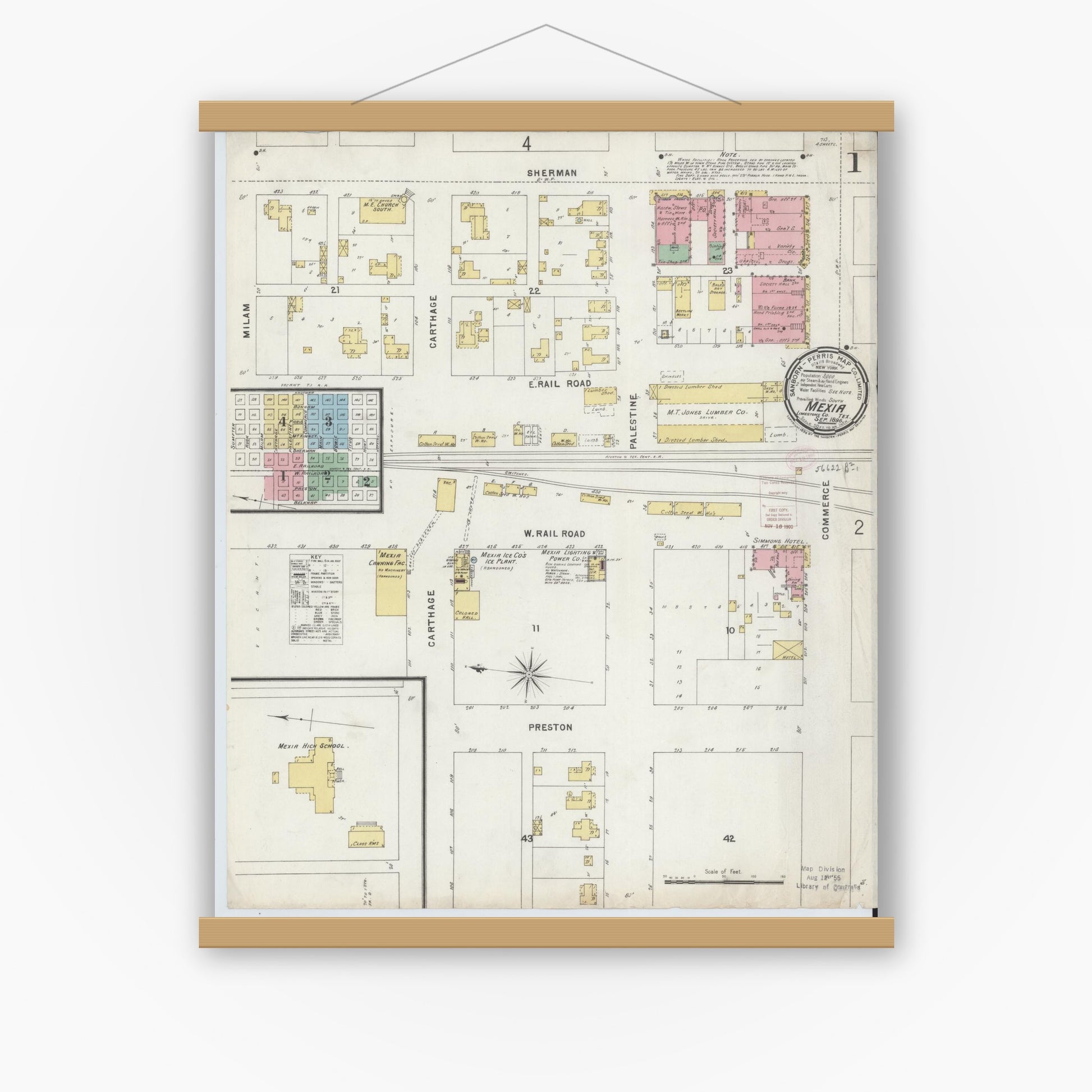 Old map wall art mockup — magnetic wood frame on white wall — Sanborn Fire Insurance Map from Mexia, Limestone County, Texas (1896) - Complete Map Set