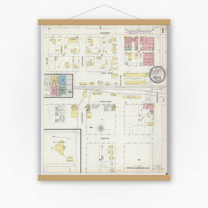 Old map wall art mockup — magnetic wood frame on white wall — Sanborn Fire Insurance Map from Mexia, Limestone County, Texas (1896) - Complete Map Set