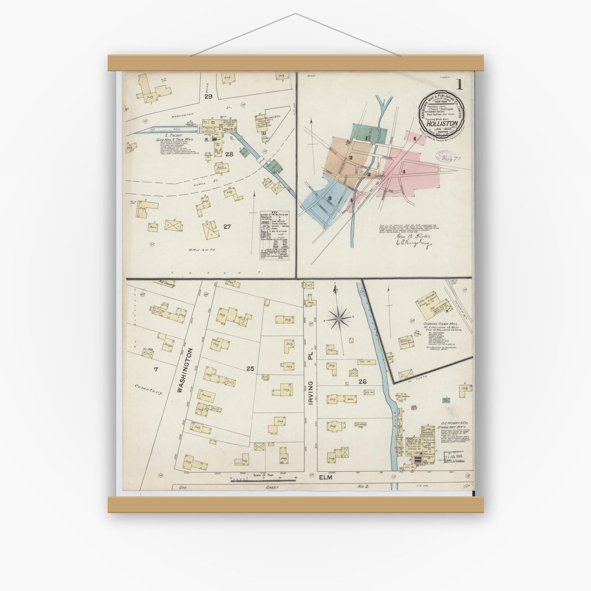 Old map wall art mockup — magnetic wood frame on white wall — Sanborn Fire Insurance Map from Holliston, Middlesex County, Massachusetts (1888), Sheet #0001