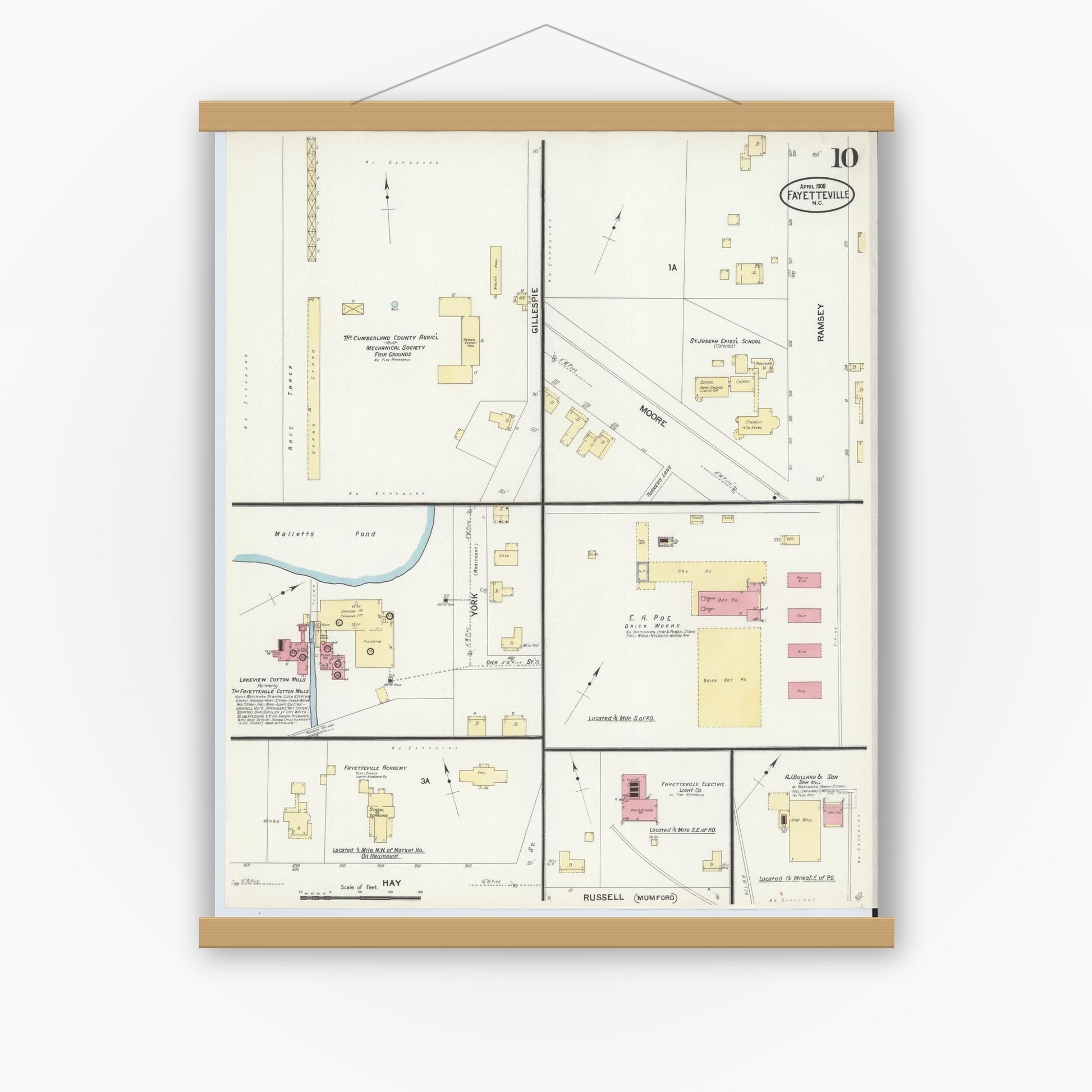 Old map wall art mockup — magnetic wood frame on white wall — Sanborn Fire Insurance Map from Fayetteville, Cumberland County, North Carolina (1908), Sheet #0010