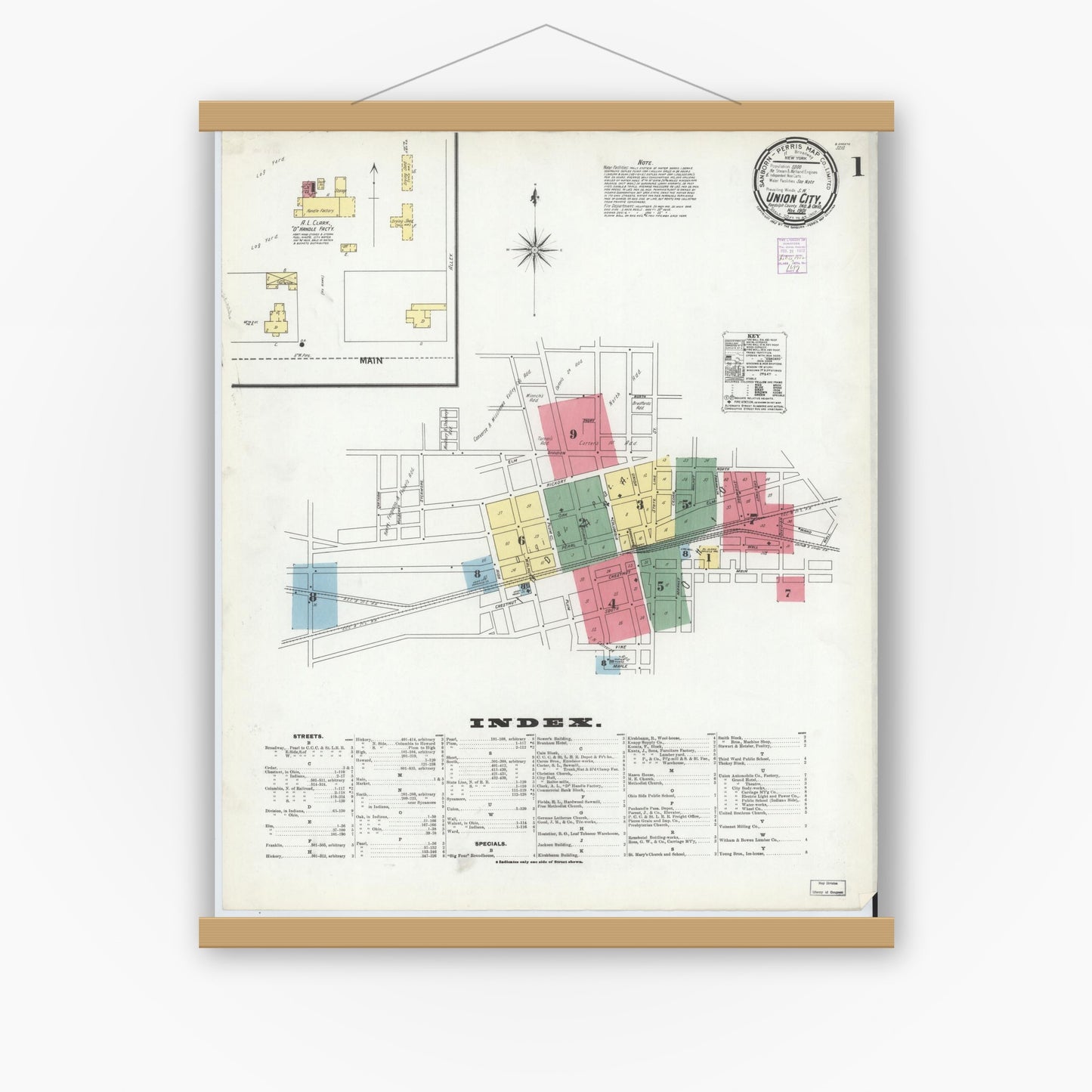 Old map wall art mockup — magnetic wood frame on white wall — Sanborn Fire Insurance Map from Union City, Randolph County, Indiana (1901) - Complete Map Set