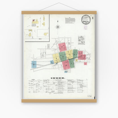 Old map wall art mockup — magnetic wood frame on white wall — Sanborn Fire Insurance Map from Union City, Randolph County, Indiana (1901) - Complete Map Set