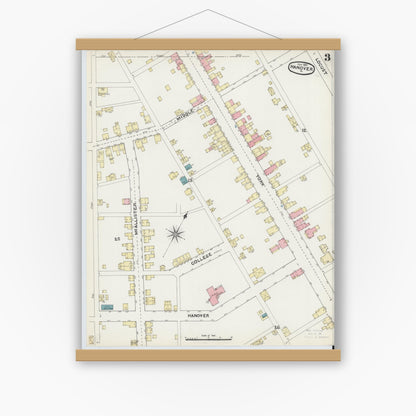 Old map wall art mockup — magnetic wood frame on white wall — Sanborn Fire Insurance Map from Hanover, York County, Pennsylvania (1891), Sheet #0003