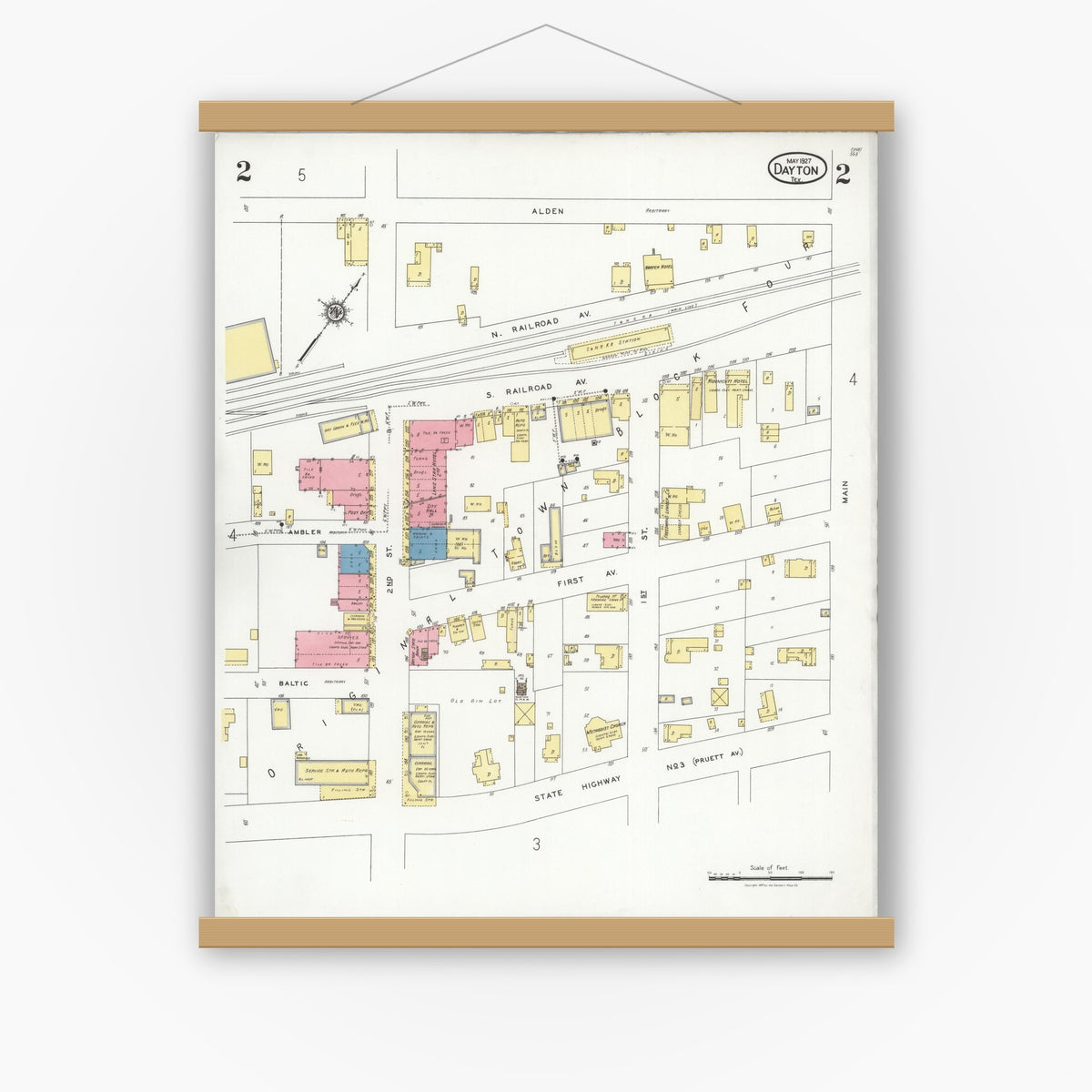 Old map wall art mockup — magnetic wood frame on white wall — Sanborn Fire Insurance Map from Dayton, Liberty County, Texas (1927), Sheet #0002