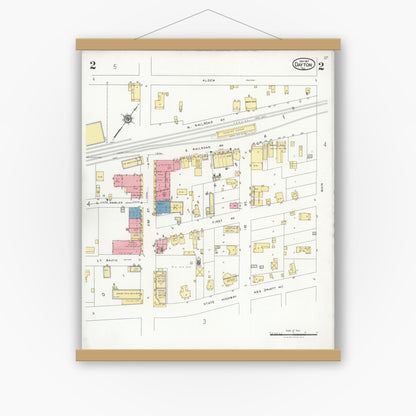 Old map wall art mockup — magnetic wood frame on white wall — Sanborn Fire Insurance Map from Dayton, Liberty County, Texas (1927), Sheet #0002