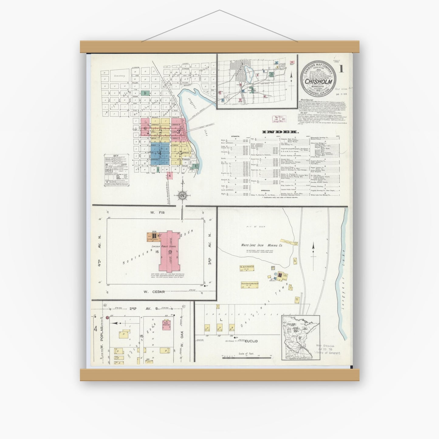 Old map wall art mockup — magnetic wood frame on white wall — Sanborn Fire Insurance Map from Chisholm, Saint Louis County, Minnesota (1912), Sheet #0001
