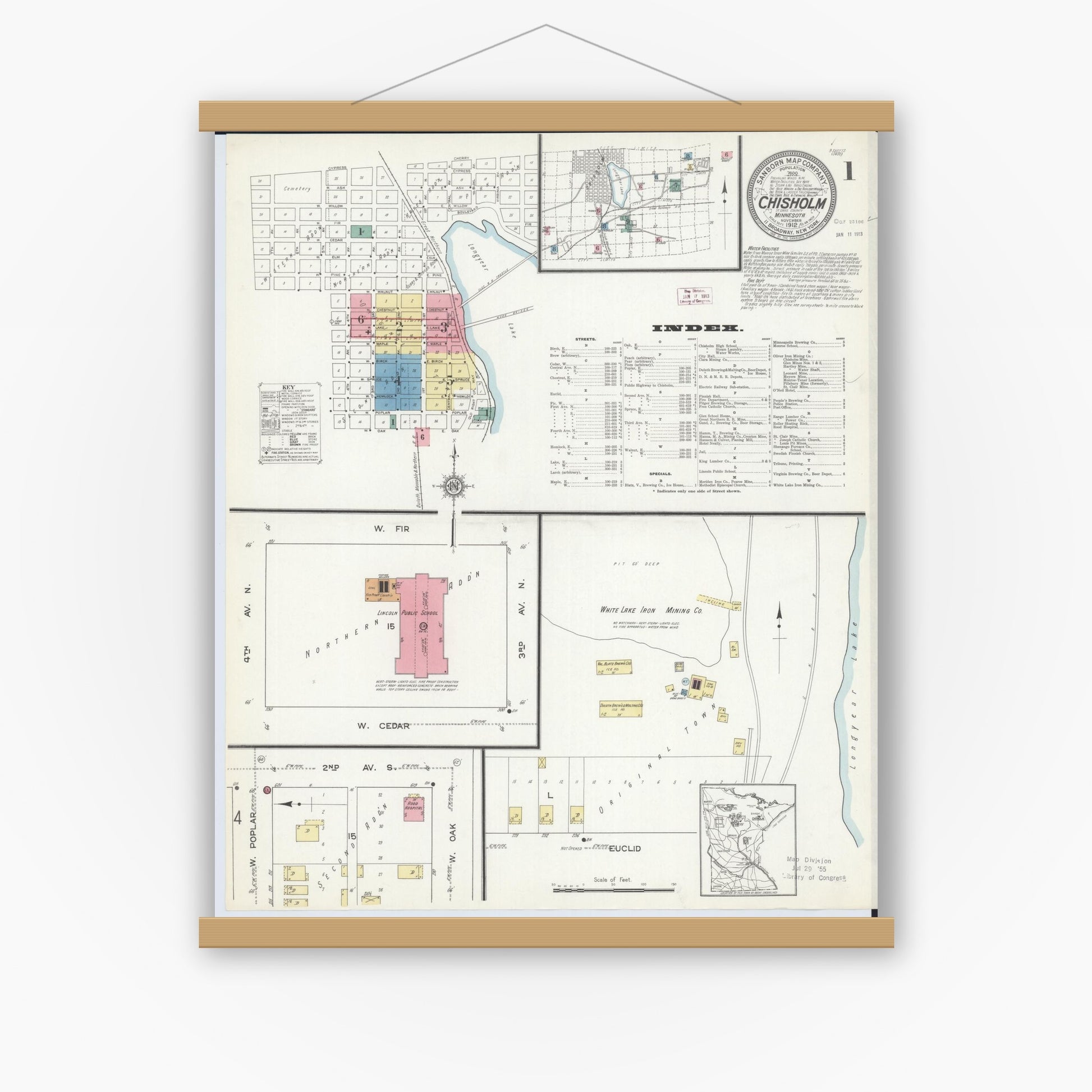 Old map wall art mockup — magnetic wood frame on white wall — Sanborn Fire Insurance Map from Chisholm, Saint Louis County, Minnesota (1912), Sheet #0001