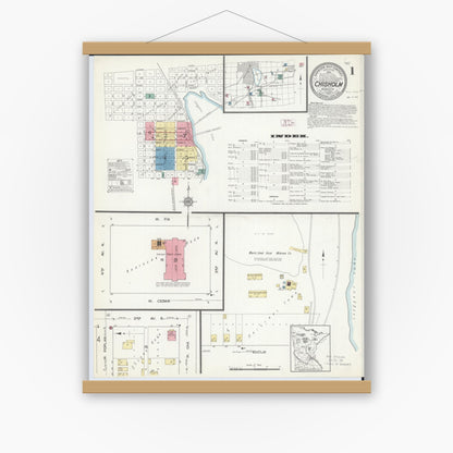 Old map wall art mockup — magnetic wood frame on white wall — Sanborn Fire Insurance Map from Chisholm, Saint Louis County, Minnesota (1912), Sheet #0001