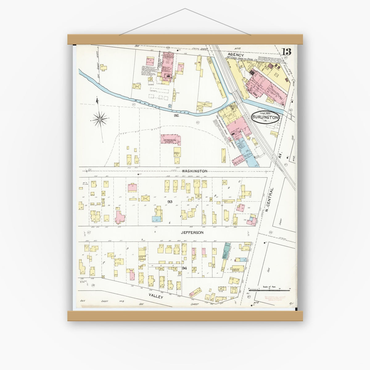 Old map wall art mockup — magnetic wood frame on white wall — Sanborn Fire Insurance Map from Burlington, Des Moines County, Iowa (1892), Sheet #0013