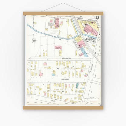 Old map wall art mockup — magnetic wood frame on white wall — Sanborn Fire Insurance Map from Burlington, Des Moines County, Iowa (1892), Sheet #0013