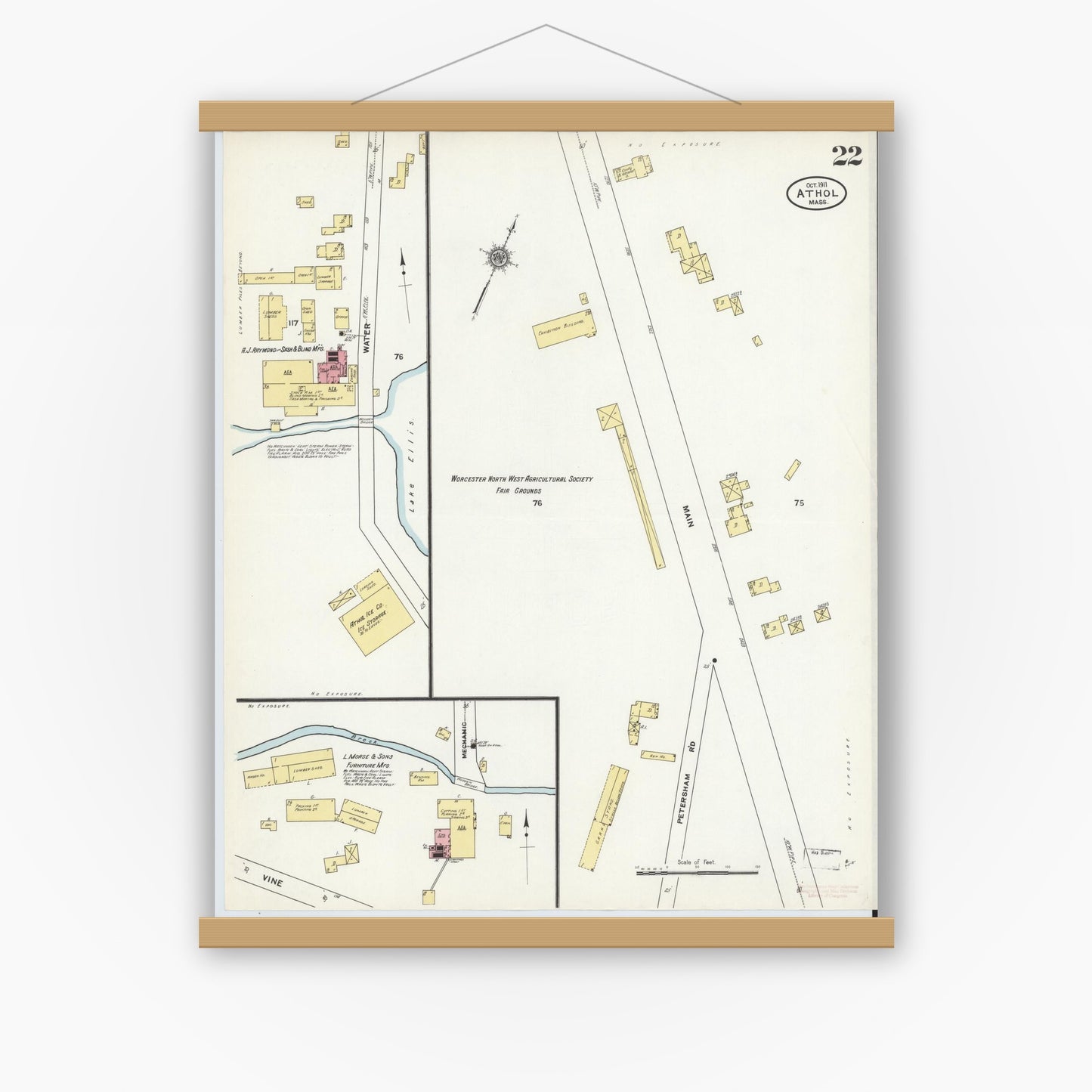 Old map wall art mockup — magnetic wood frame on white wall — Sanborn Fire Insurance Map from Athol, Worcester County, Massachusetts (1911), Sheet #0022
