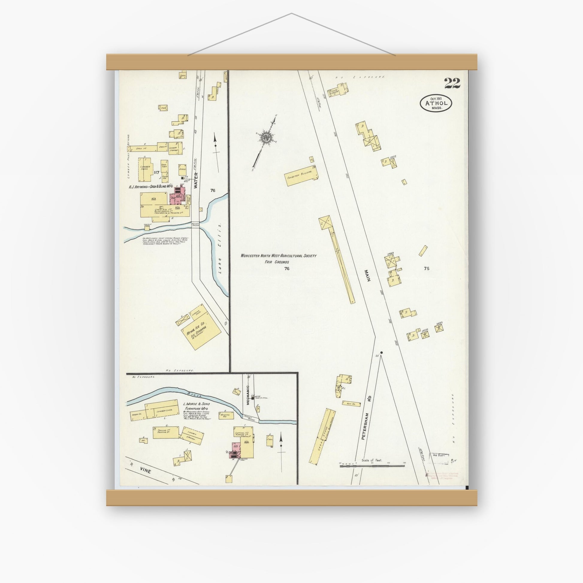 Old map wall art mockup — magnetic wood frame on white wall — Sanborn Fire Insurance Map from Athol, Worcester County, Massachusetts (1911), Sheet #0022