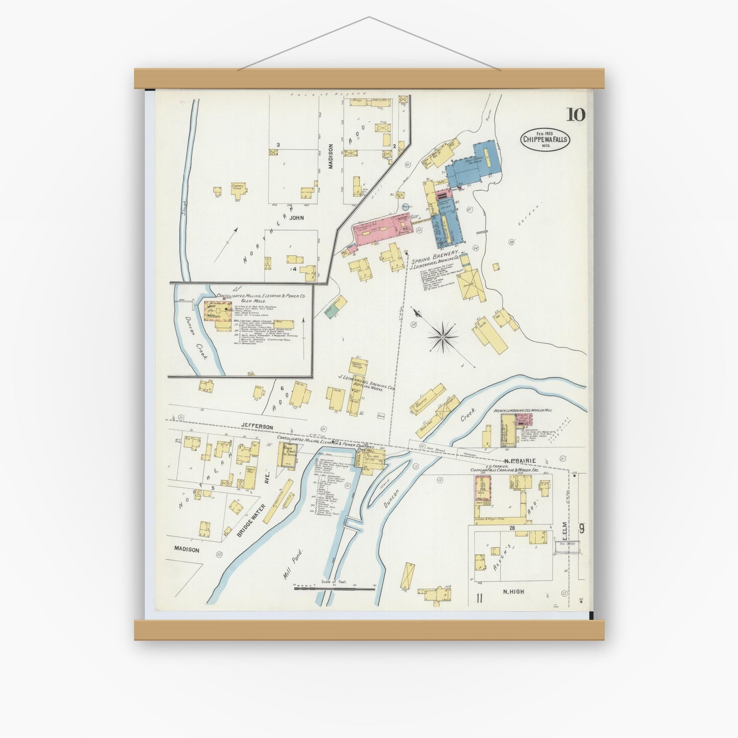 Old map wall art mockup — magnetic wood frame on white wall — Sanborn Fire Insurance Map from Chippewa Falls, Chippewa County, Wisconsin (1903), Sheet #0010
