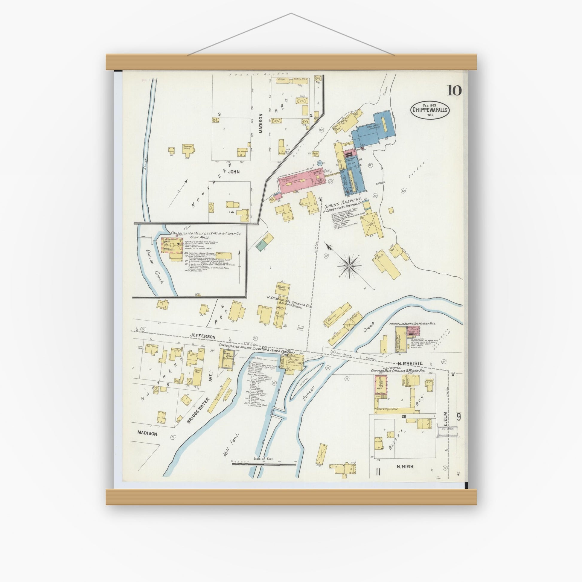 Old map wall art mockup — magnetic wood frame on white wall — Sanborn Fire Insurance Map from Chippewa Falls, Chippewa County, Wisconsin (1903), Sheet #0010