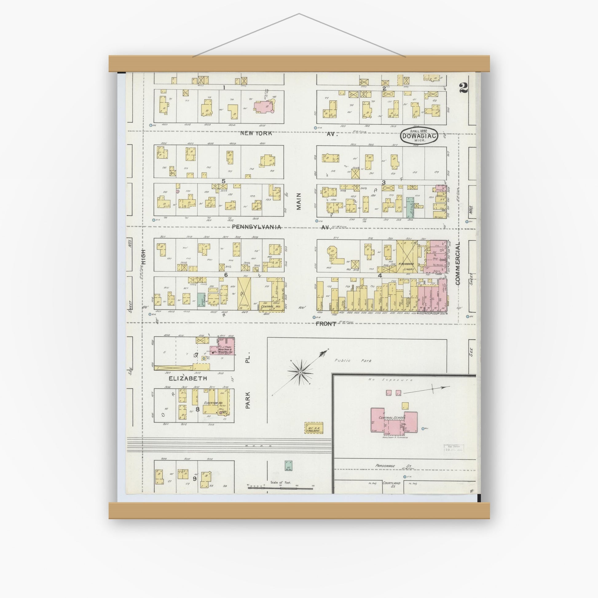 Old map wall art mockup — magnetic wood frame on white wall — Sanborn Fire Insurance Map from Dowagiac, Cass County, Michigan (1892), Sheet #0002